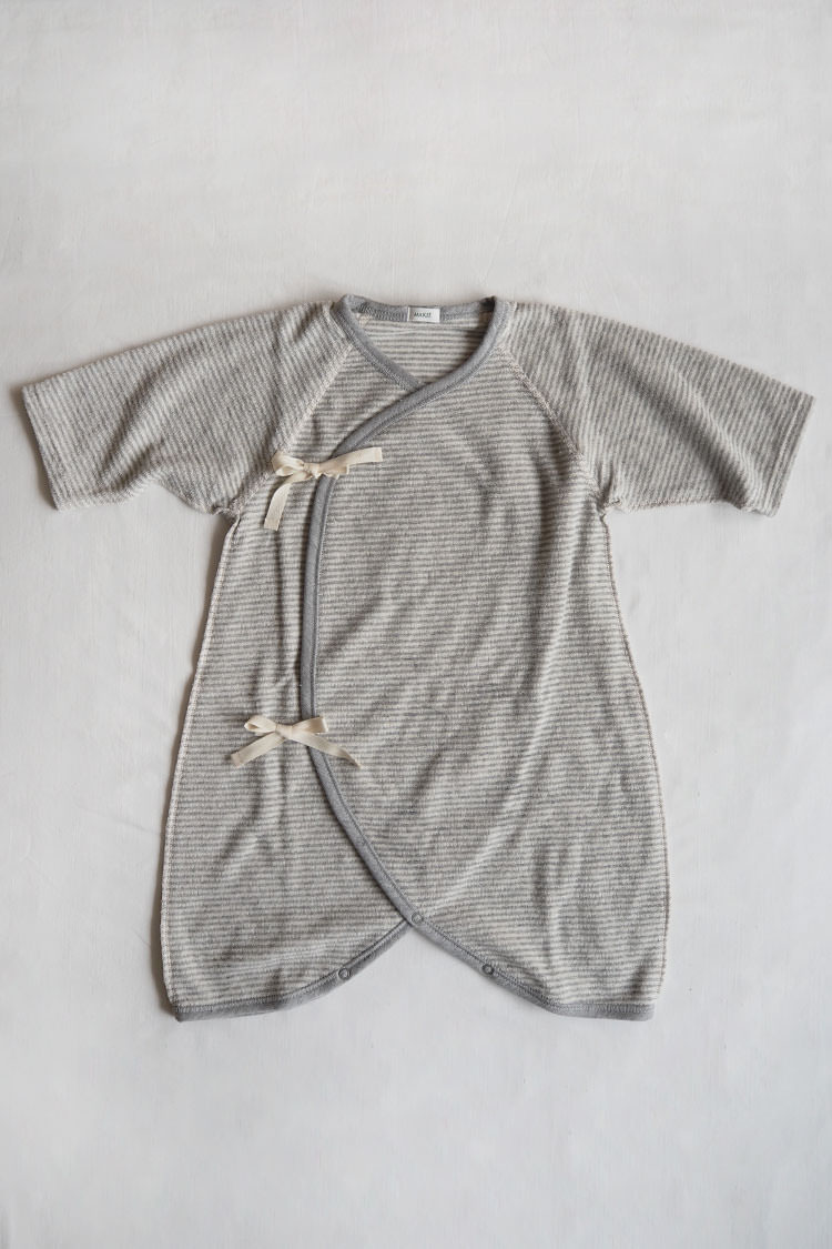 Baby kimono onesie for 6 month old by Makie "Pile Hadagi 6m" in gray stripe