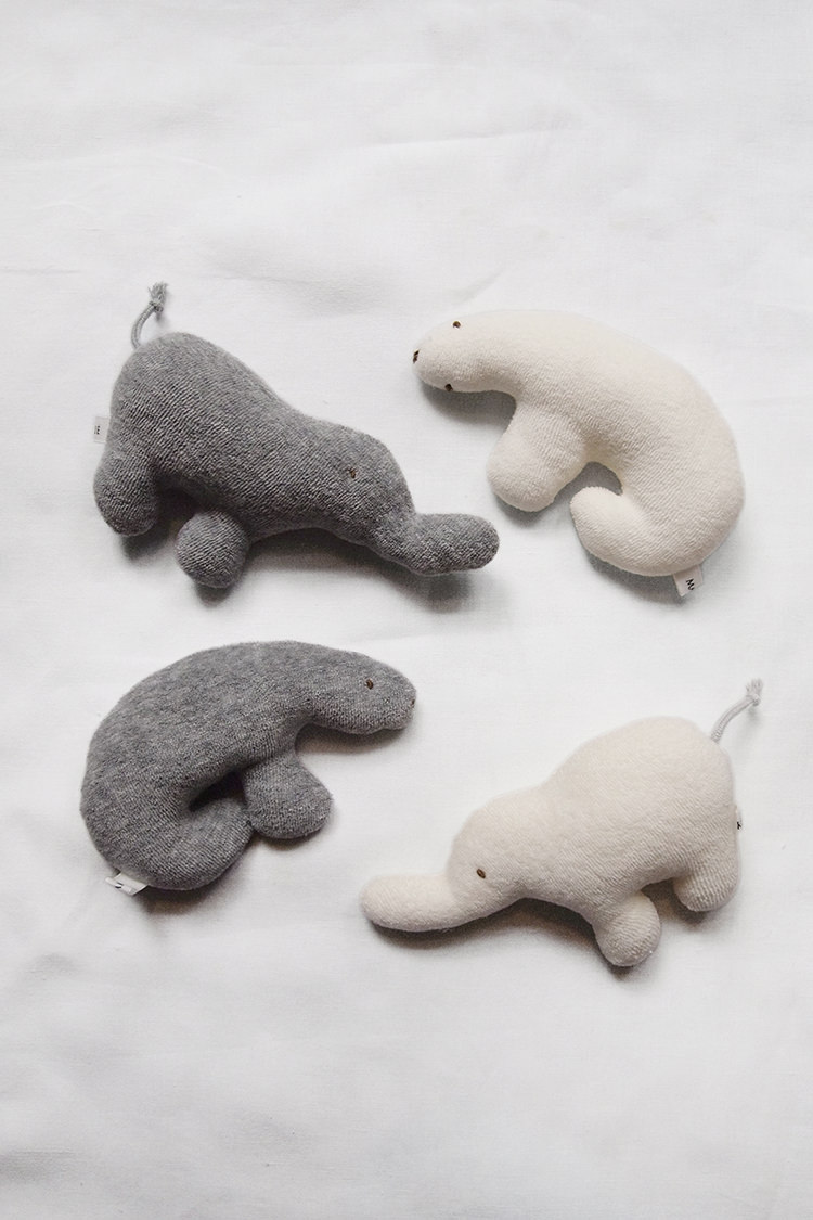 Baby lovey rattle toy, ivory polar bear, ivory elephant, gray bear & gray elephant.