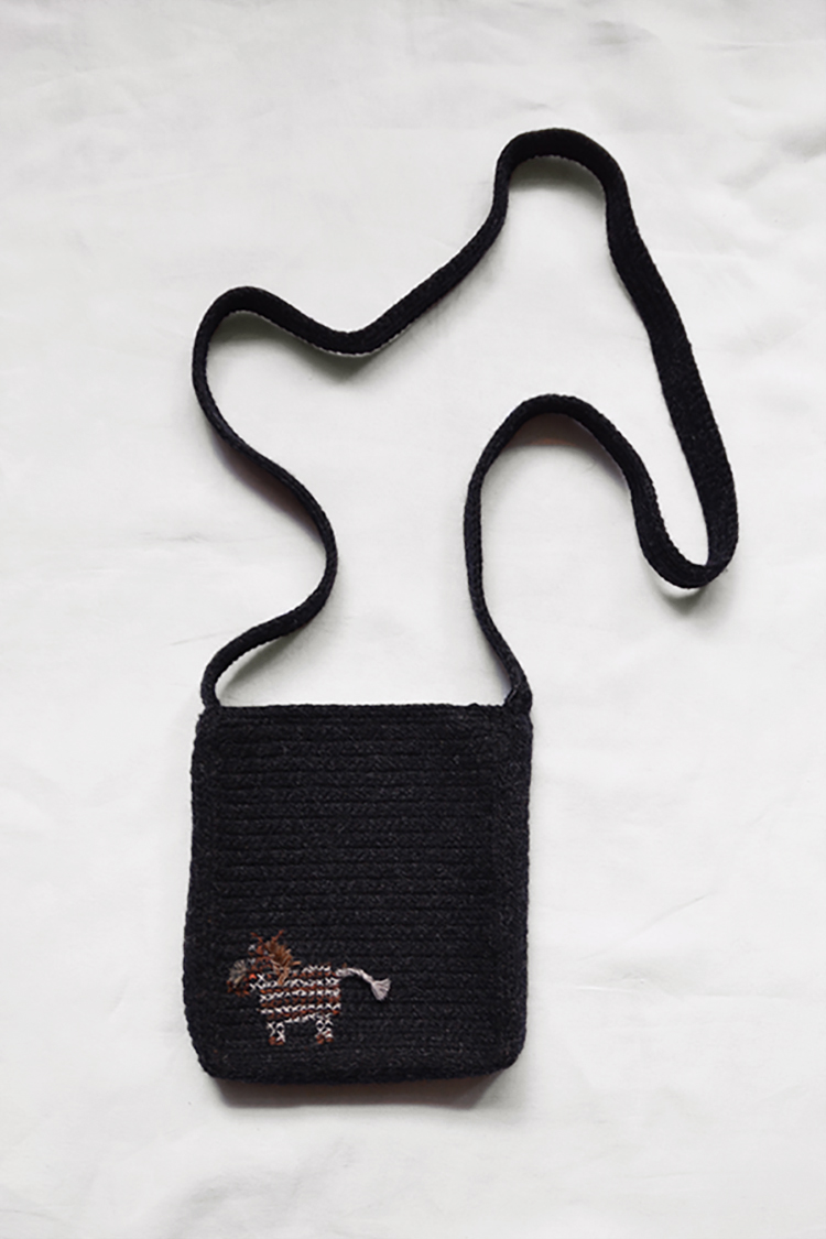 Sophie Digard Paris Wool Shoulder Bag with Donkey embroidery on the front and back – Charcoal - Makie. Main.