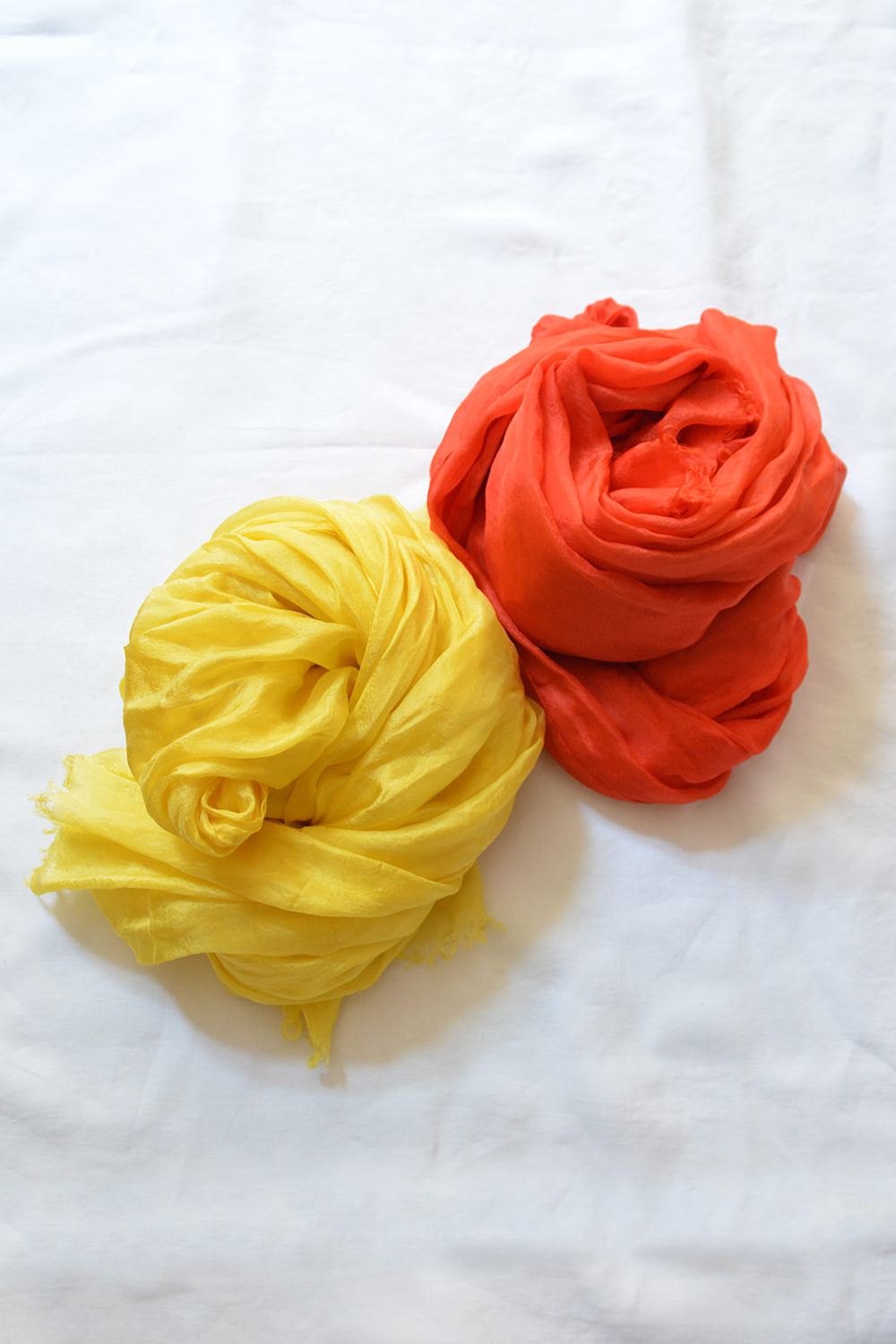 Manuelle Guibal Silk Scarf - Yellow and /red Orange - Makie. Main.