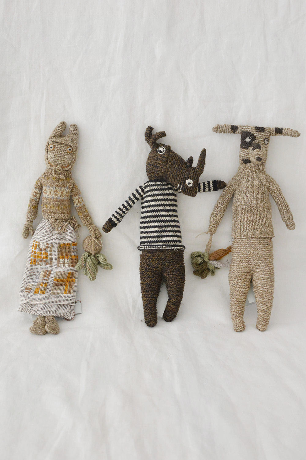 Sophie Digard Hand Knit Doll animals: Farmer, Rhino & Cow - Makie. Main.