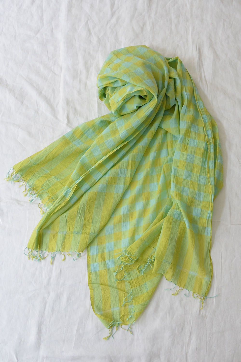 MAKIE, Handloom Cotton Scarf - Lime x Green Check