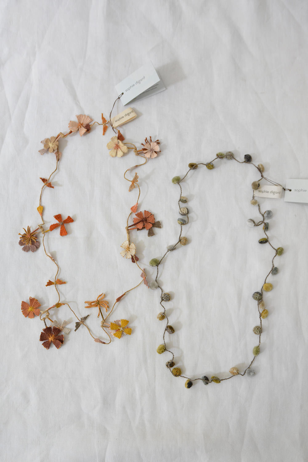Sophie Digard Linen Necklace - Autumn Leaf and Multi Dots - Makie. Main.