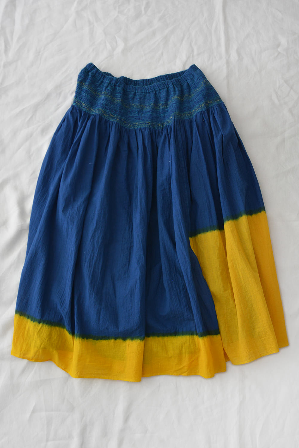 Injiri Two Tone Silk Cotton Skirt - Indigo x Yellow - Makie. Main.