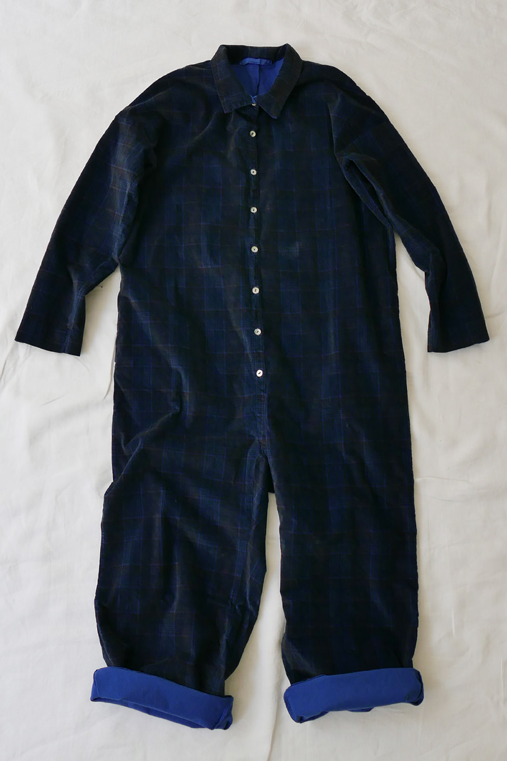 Album di Famiglia Tartan Velvet Jumpsuit in Navy Check - Makie. Main.