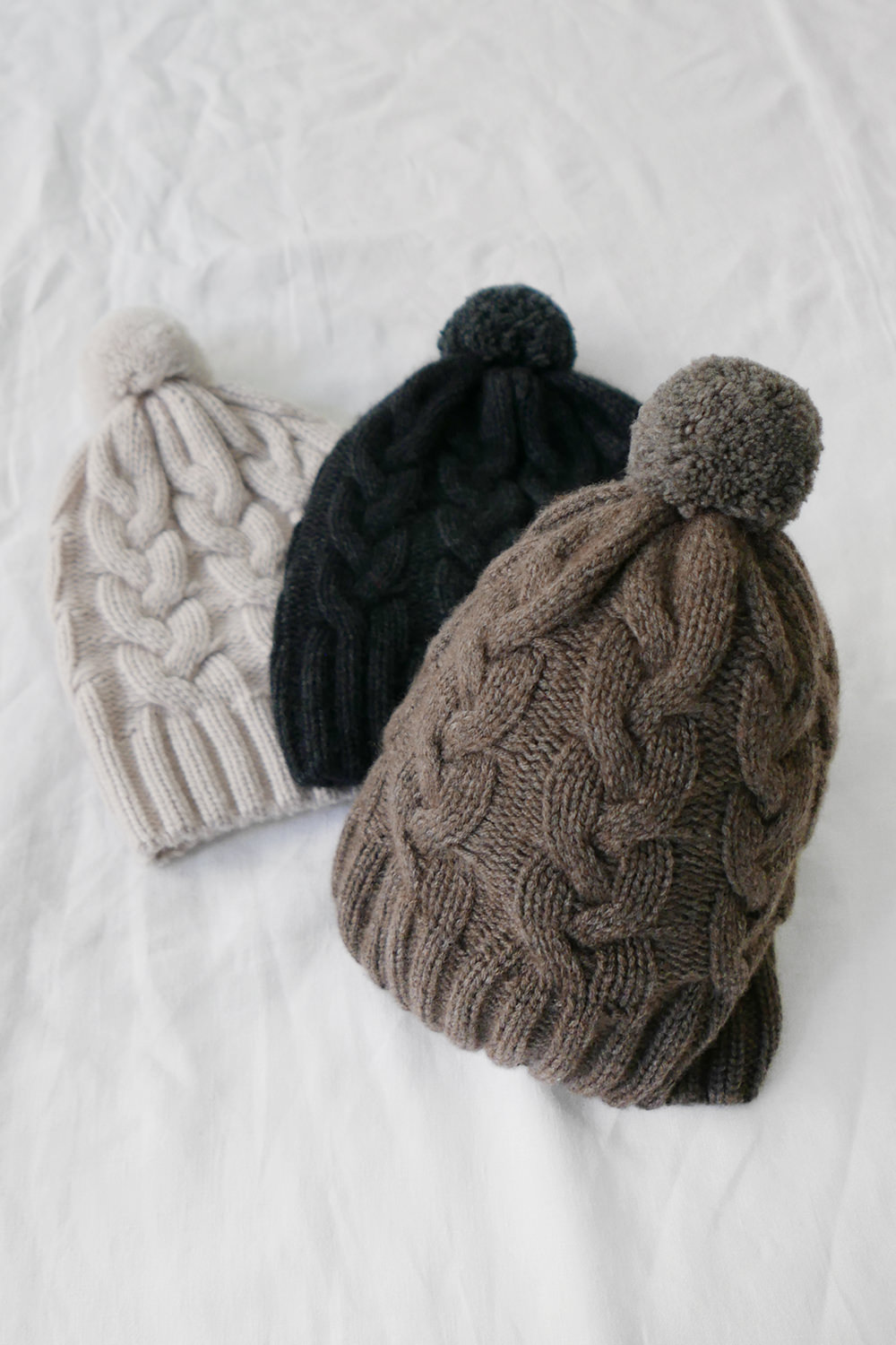 Cream Chunky Cable Knit Cabled Pom Pom Beanie Hat for Women