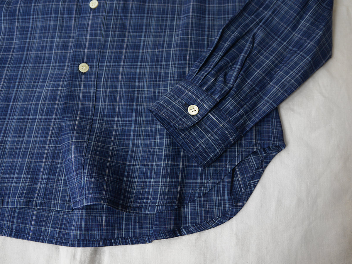 Women's Stand Collar Shirt, Cotton Linen Mixed, Slim Fit - Gray Check