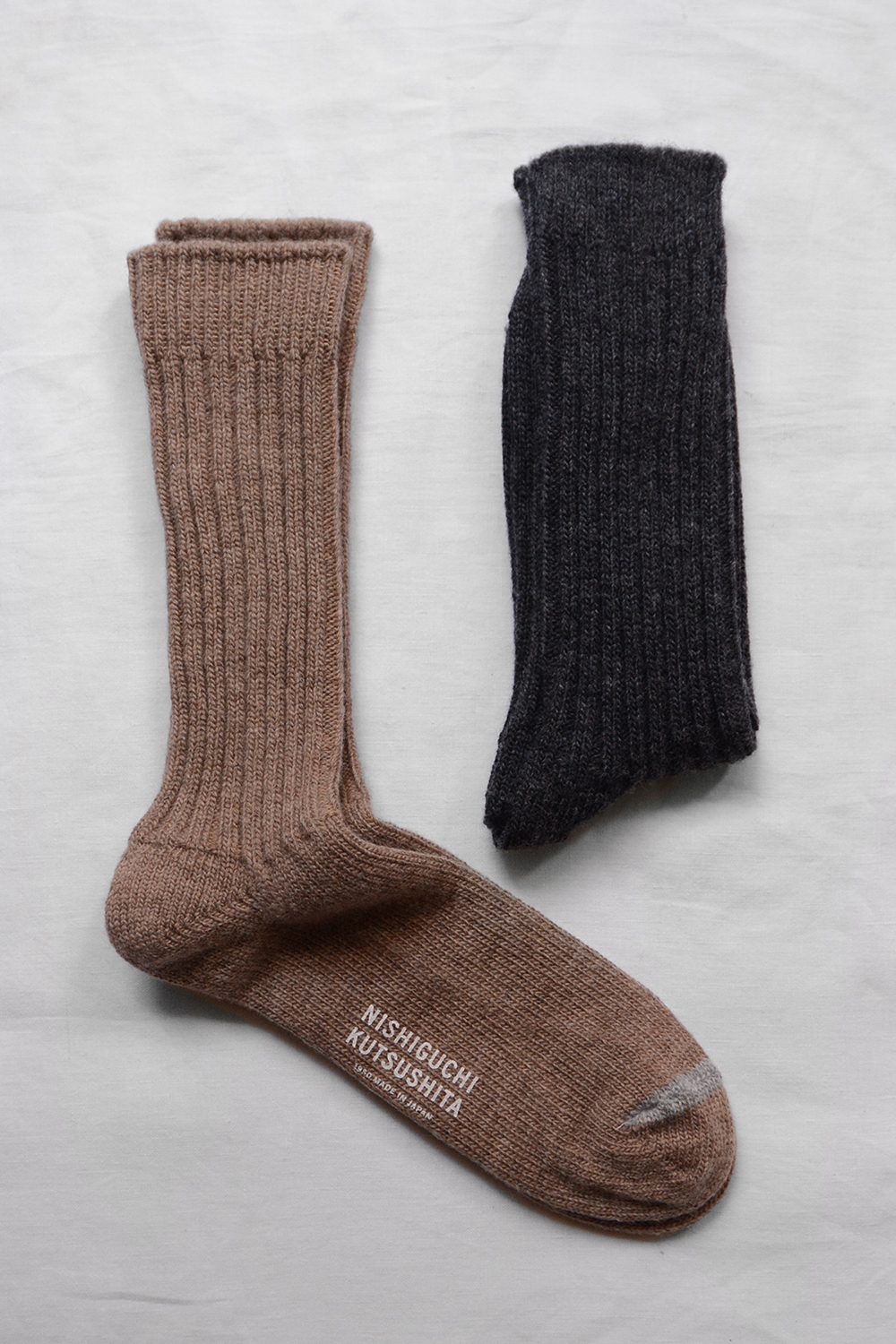 Nishiguchi Socks, Wool Rib Socks - Charcoal and Beige