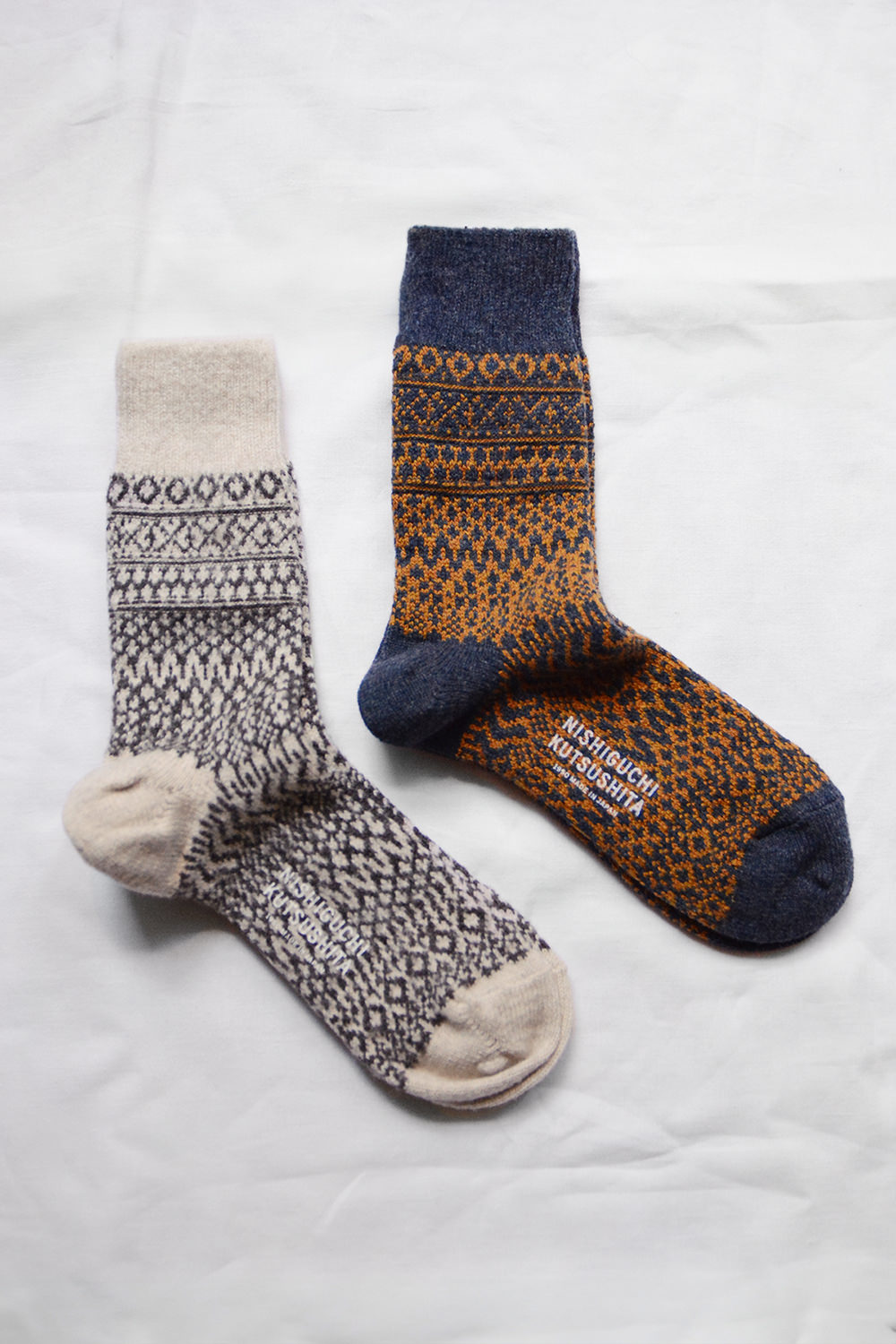 Nishiguchi Socks, Wool Jacquard - Oatmeal and Blue