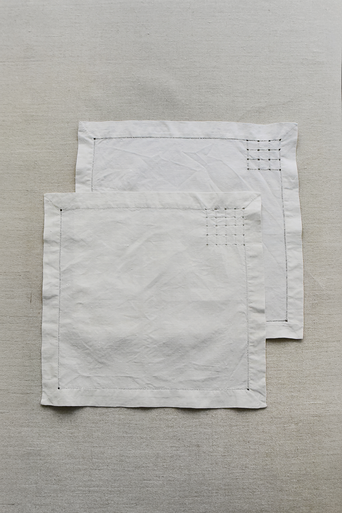 Vintage Hand-Stitched Linen Napkins with Drawn Thread Work
