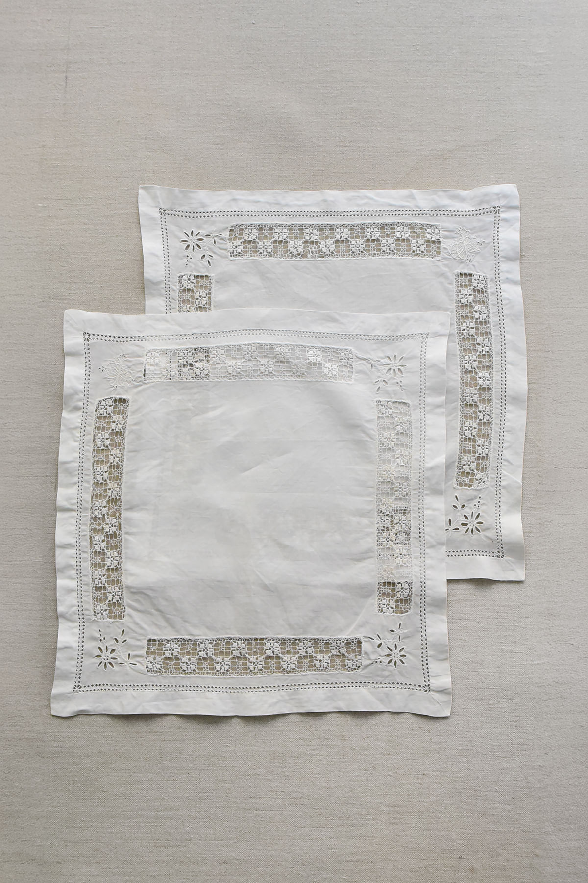 European Linen Napkins with Bobbin Lace Inserts and Cutwork Embroidery