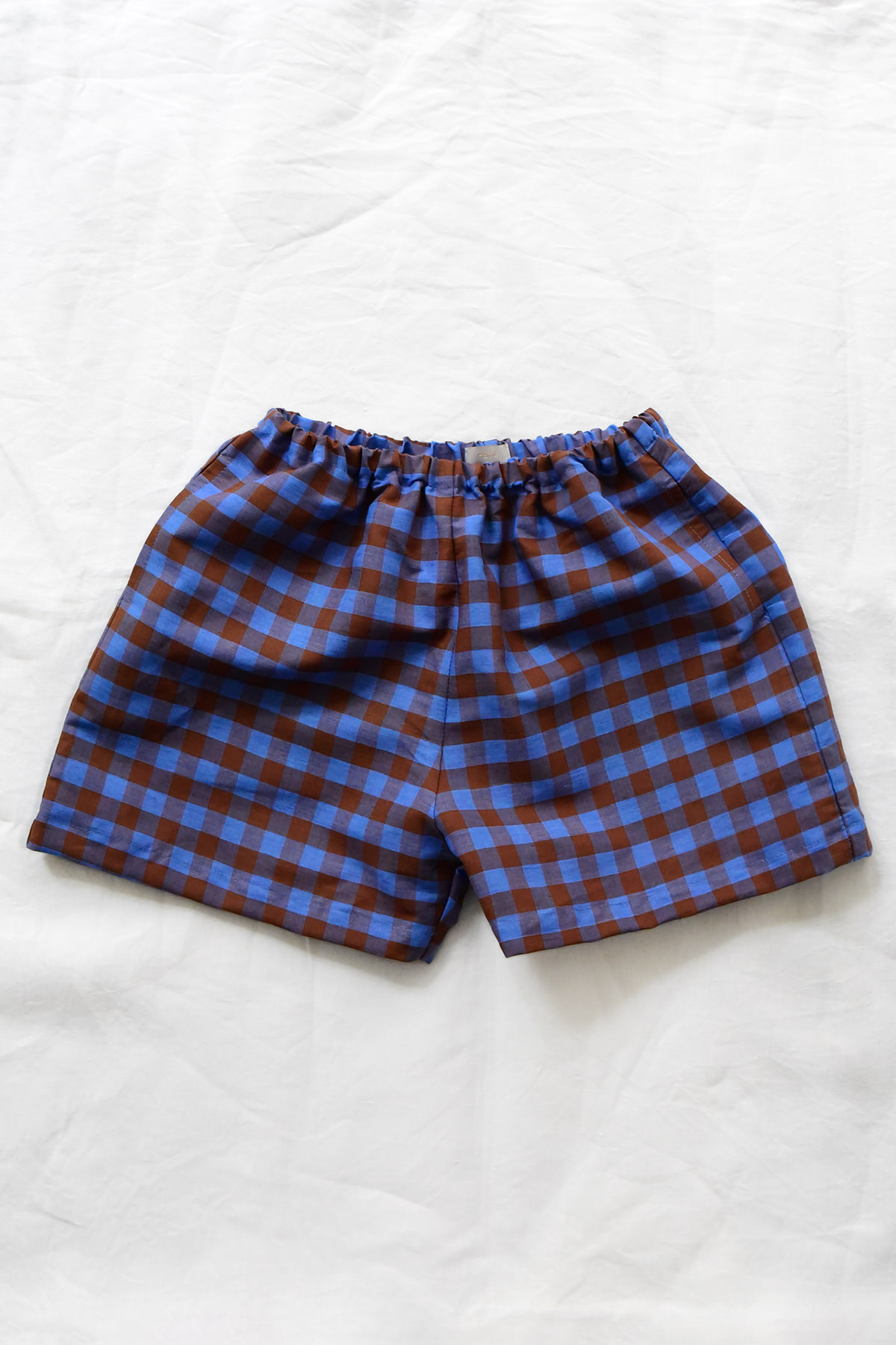MAKIE blue and brown gingham cotton shorts with elastic waistband