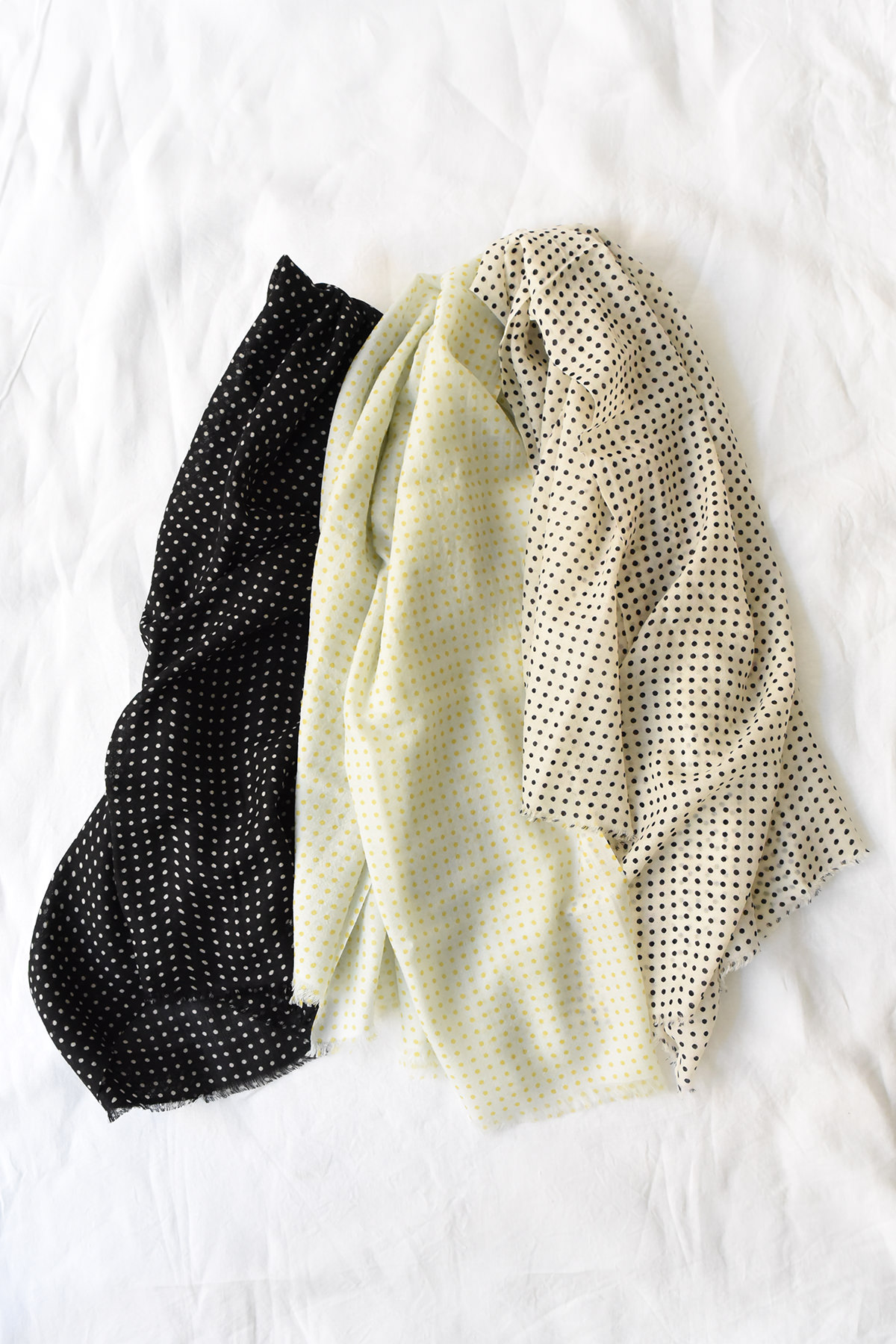 Lightweight cashmere polka dot scarf in sheer finish (black, light mint, cream)