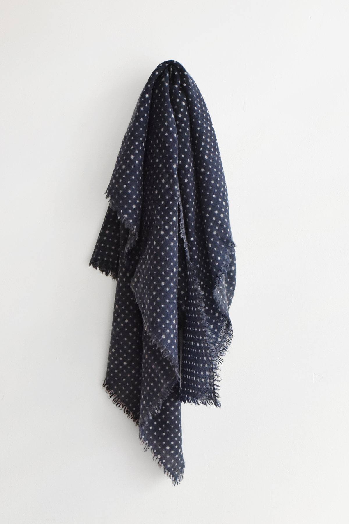 High-grade washed cashmere square scarf with small dot pattern in Navy x Ivory, handmade in Nepal, oversized 44 x 44 inch scarf.