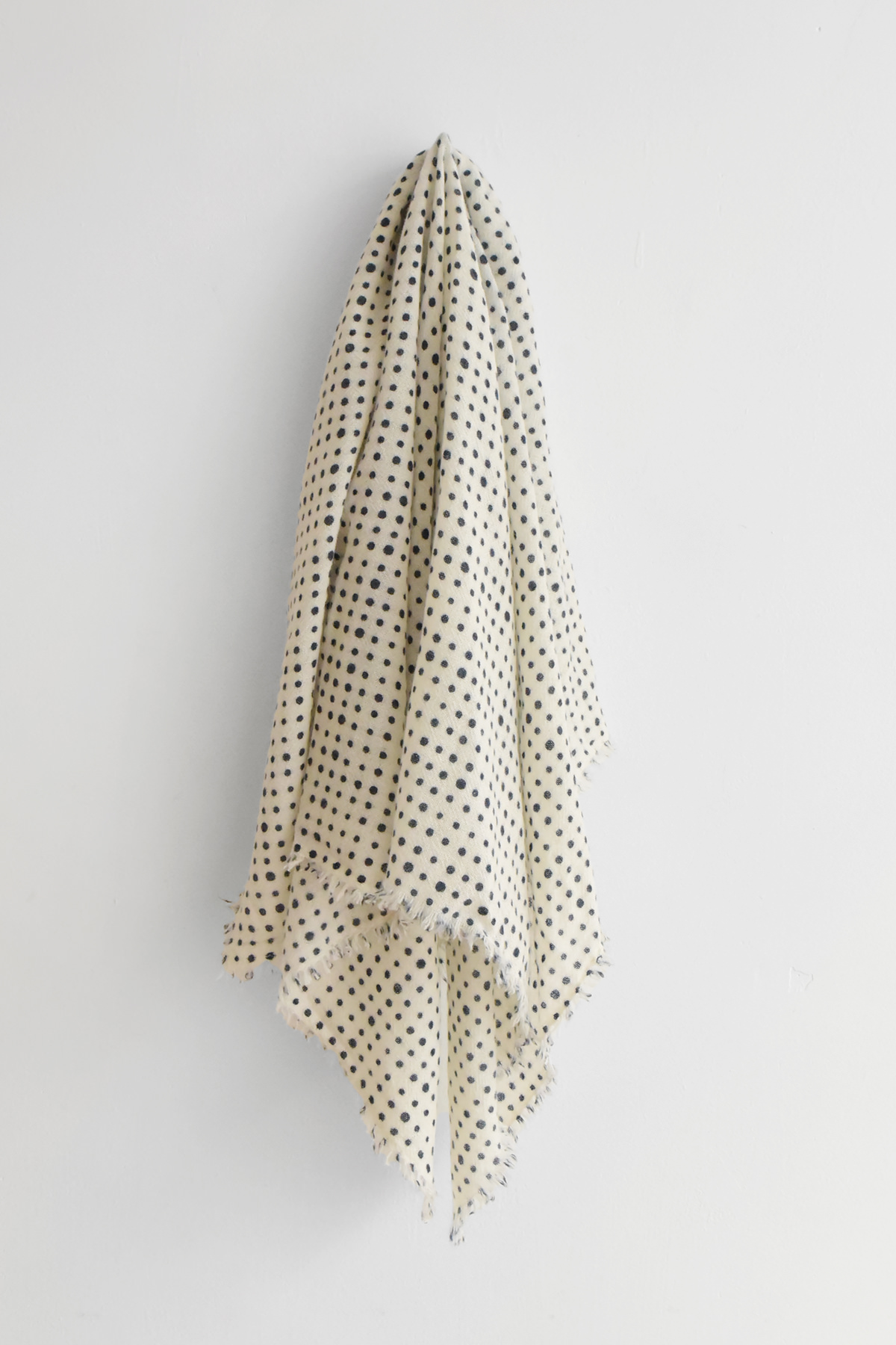 High-grade washed cashmere square scarf with small dot pattern in Navy x Ivory, handmade in Nepal, oversized 44 x 44 inch scarf.