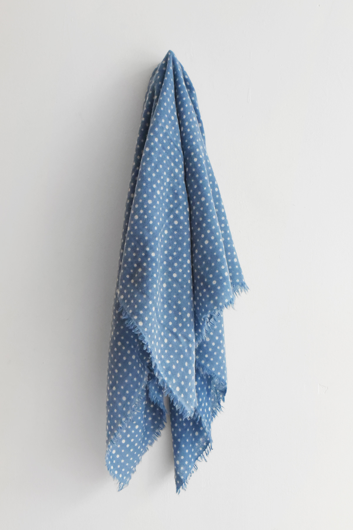 Blue x Ivory washed cashmere square scarf with small dot pattern, handmade in Nepal.