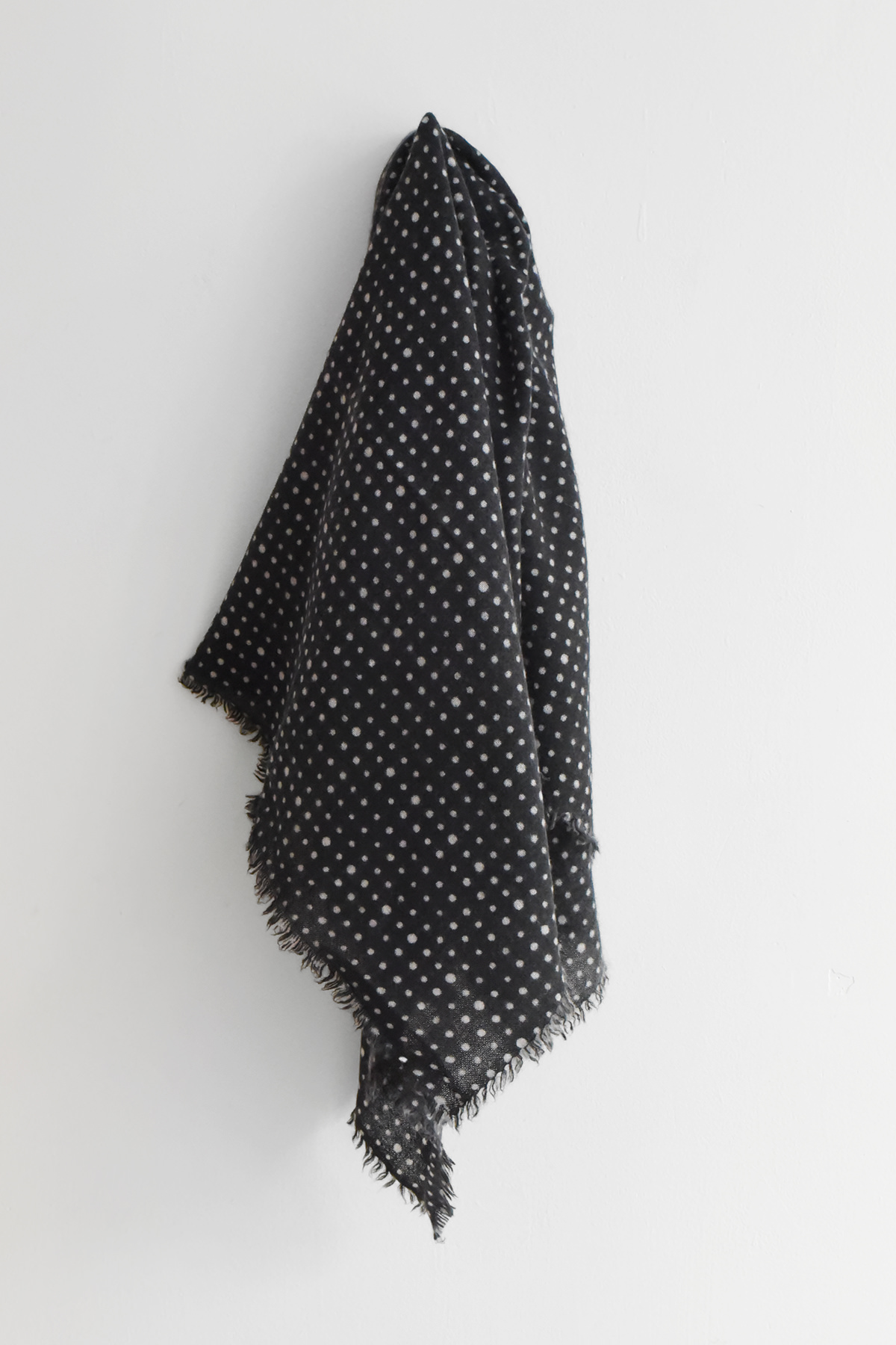 Black x Ivory washed cashmere square scarf with small dot pattern, handmade in Nepal.