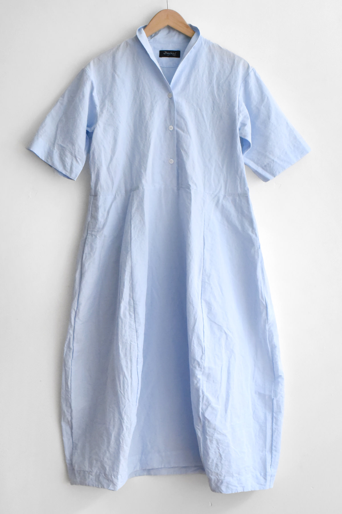 Bergfabel Letty Dress in blue cotton linen with short sleeves and button front, made in Italy