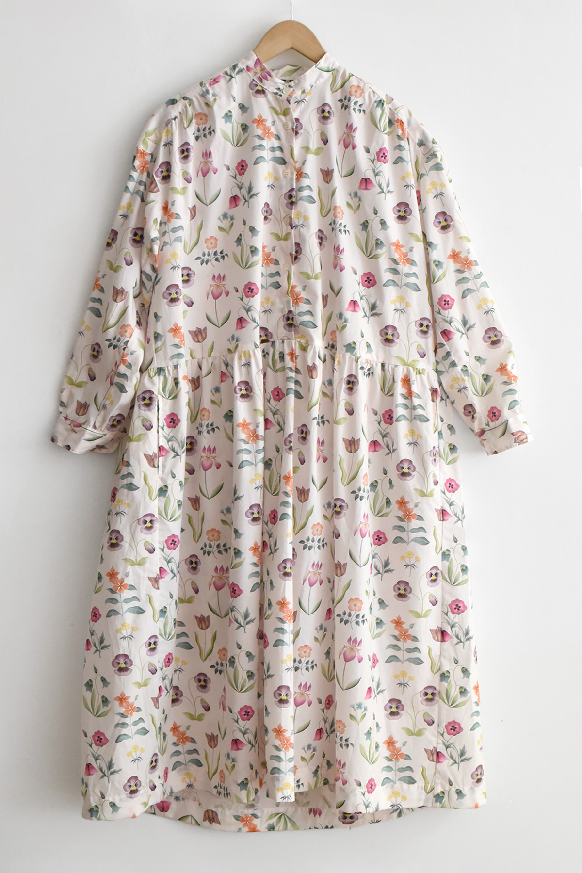 Pale Floral cotton dress with stand collar and long sleeves, gathered waist