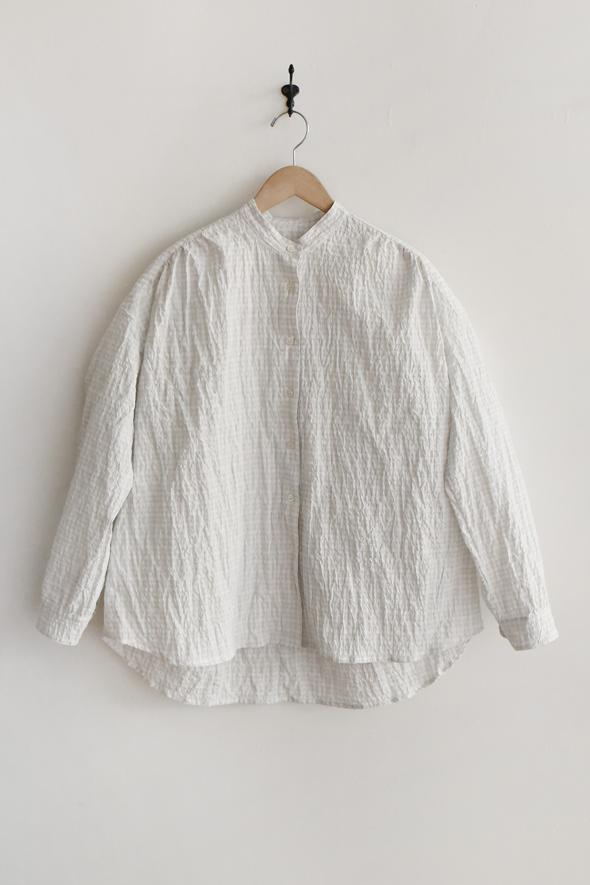 Lightweight textured cotton blouse with stand collar and relaxed fit in light gray check, made in USA