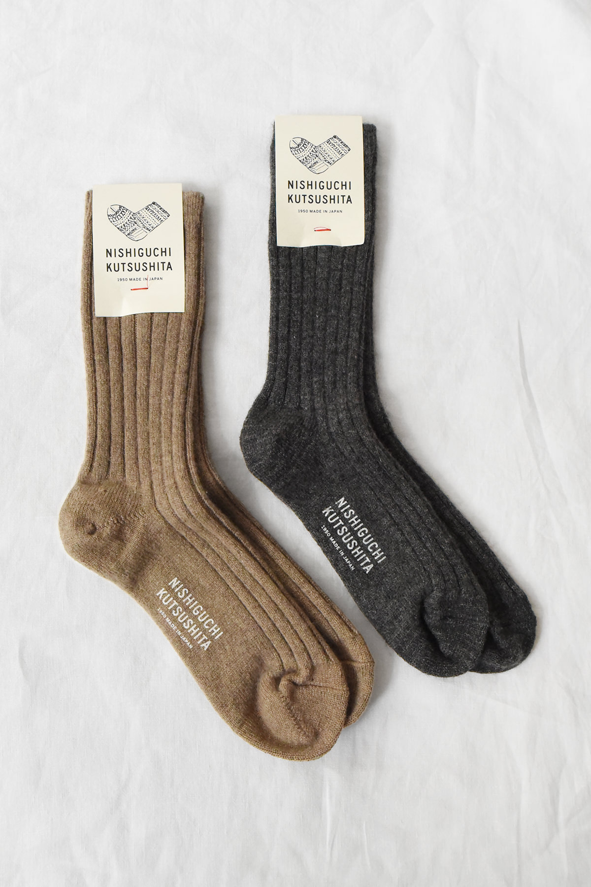 cashmere ribbed socks made in Japan by Nishiguchi Kutsushita charcoal and beige