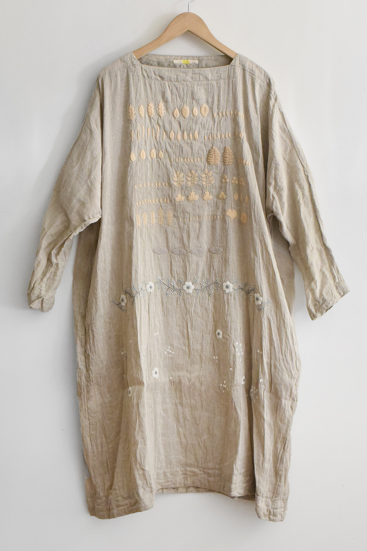 Aodress natural silk linen dress with botanical embroidery, floral motifs, wide sleeves, and two side pockets