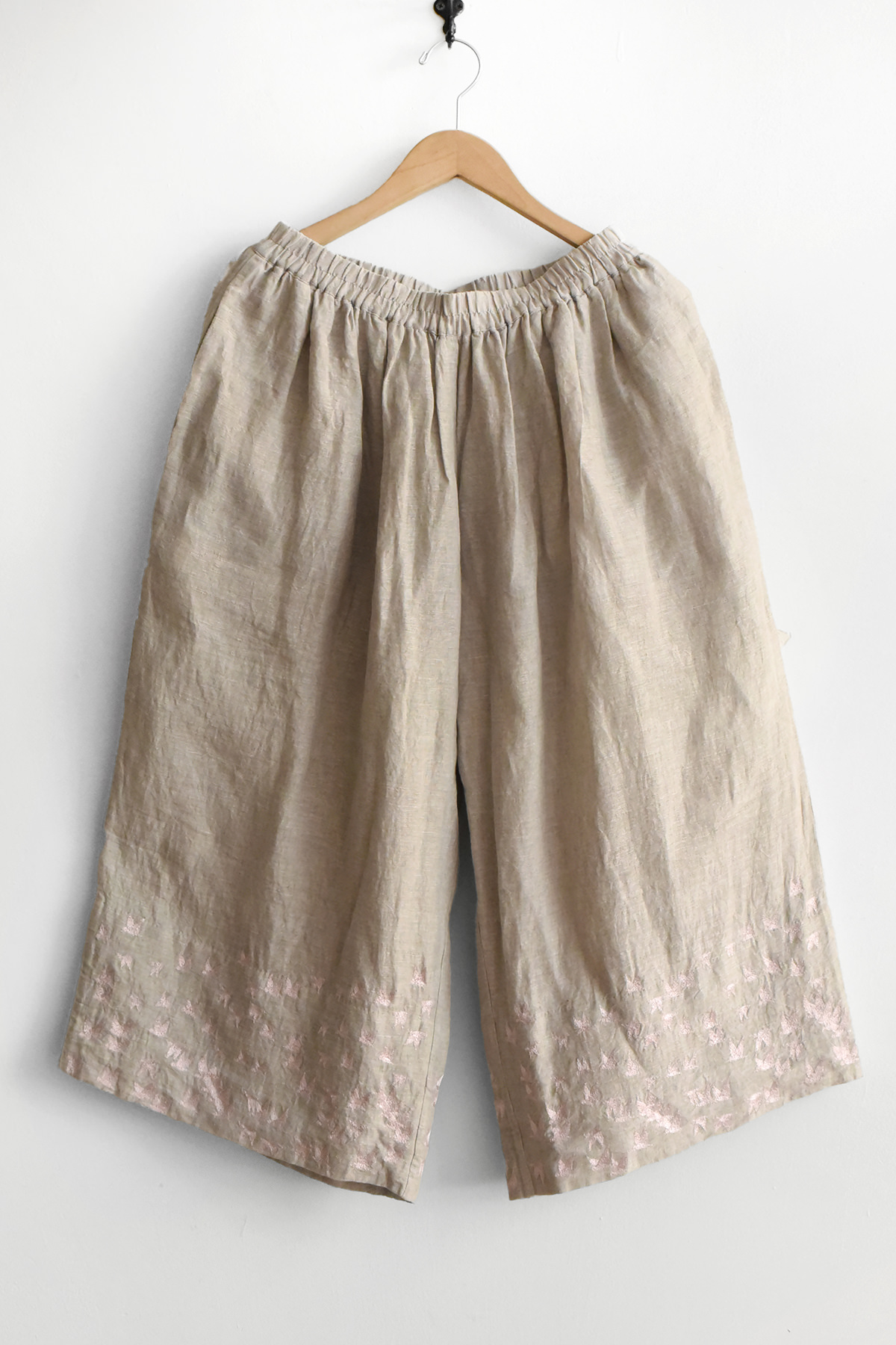 women natural linen wide pants with embroidery and elastic waistband