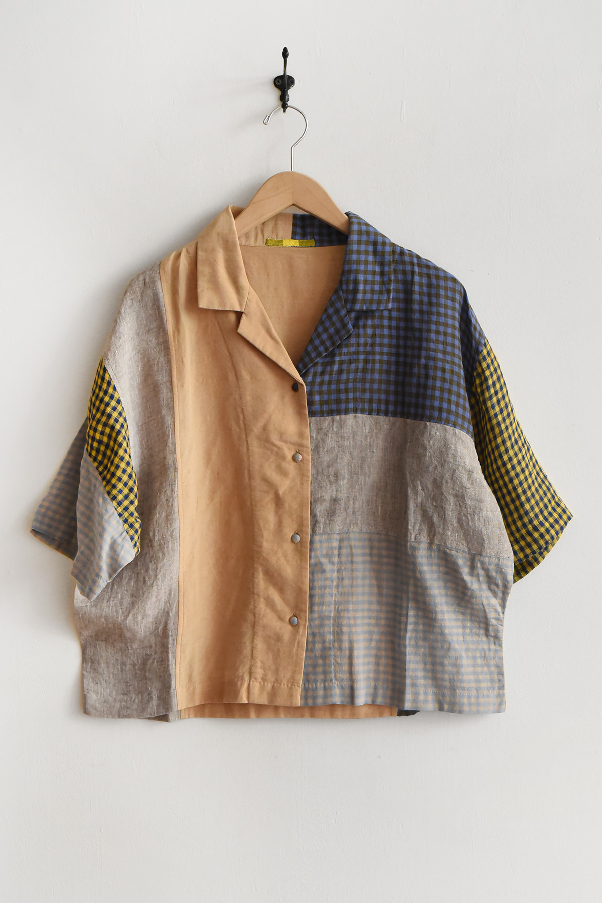 women multi fabric open collar shirt cotton linen silk patchwork