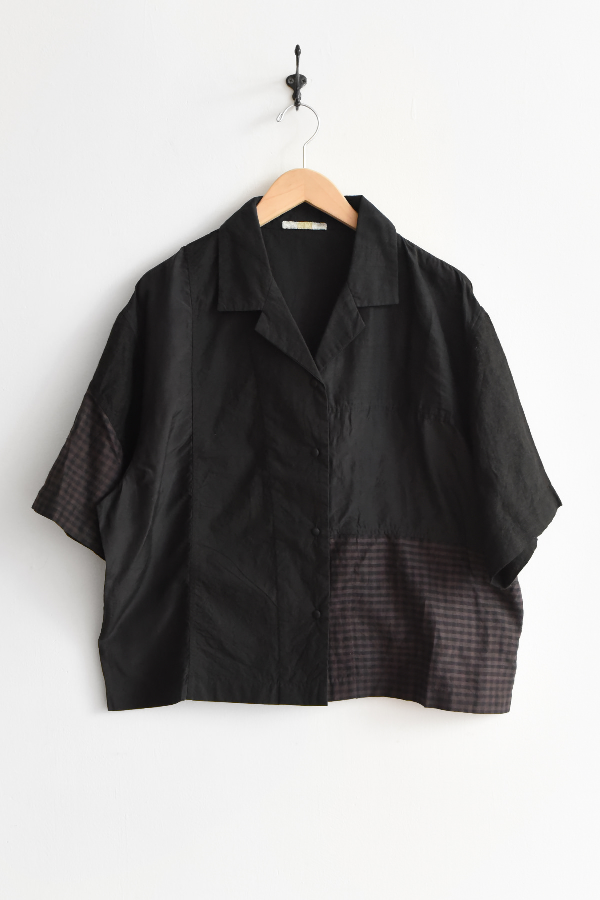 women black open collar shirt cotton linen silk mixed fabric