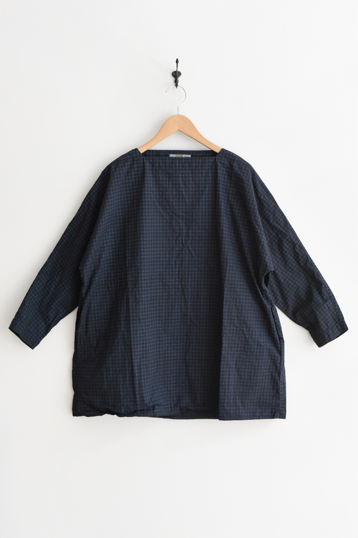 women navy check long tunic cotton with boat neck and pockets