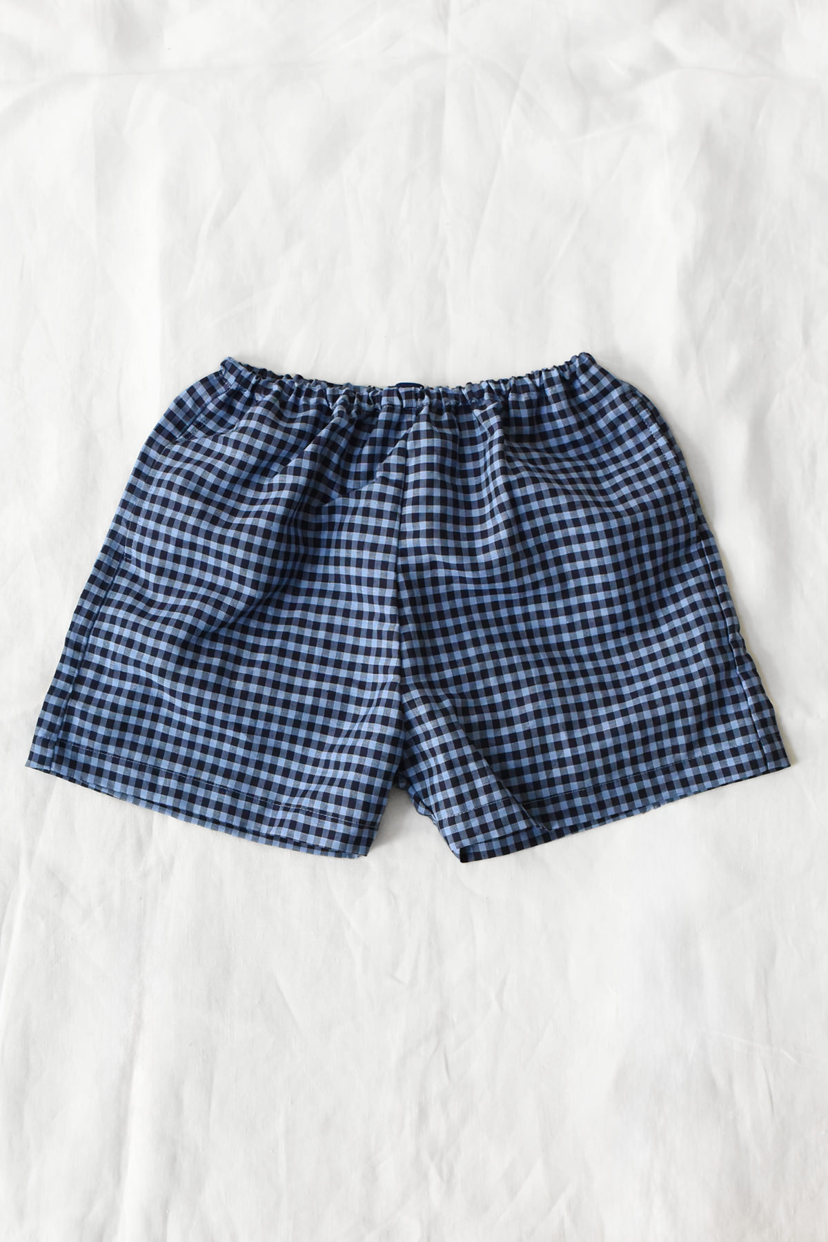 Kids sky blue check cotton linen shorts with elastic waist