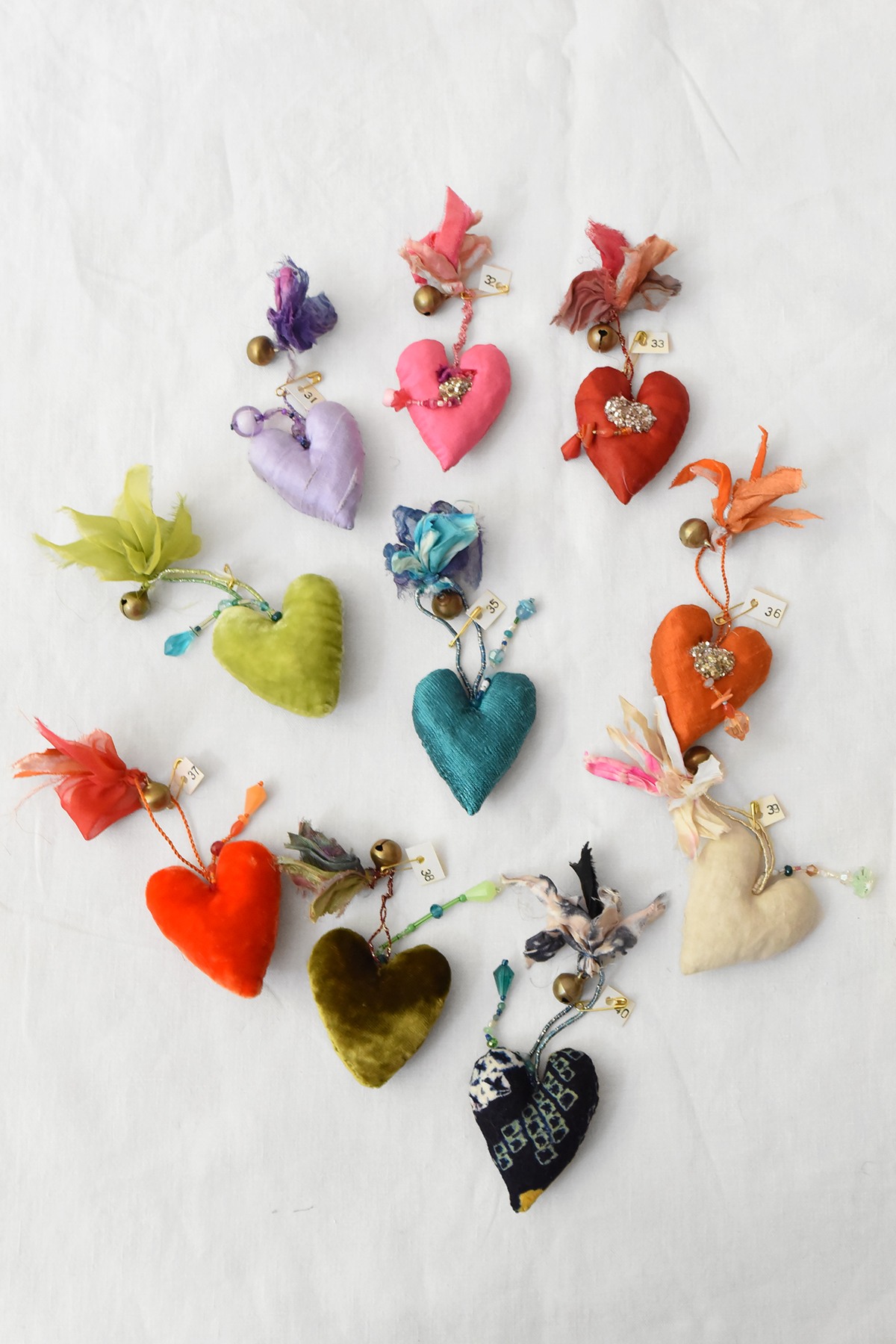 embroidered heart ornament with vintage Venetian beads