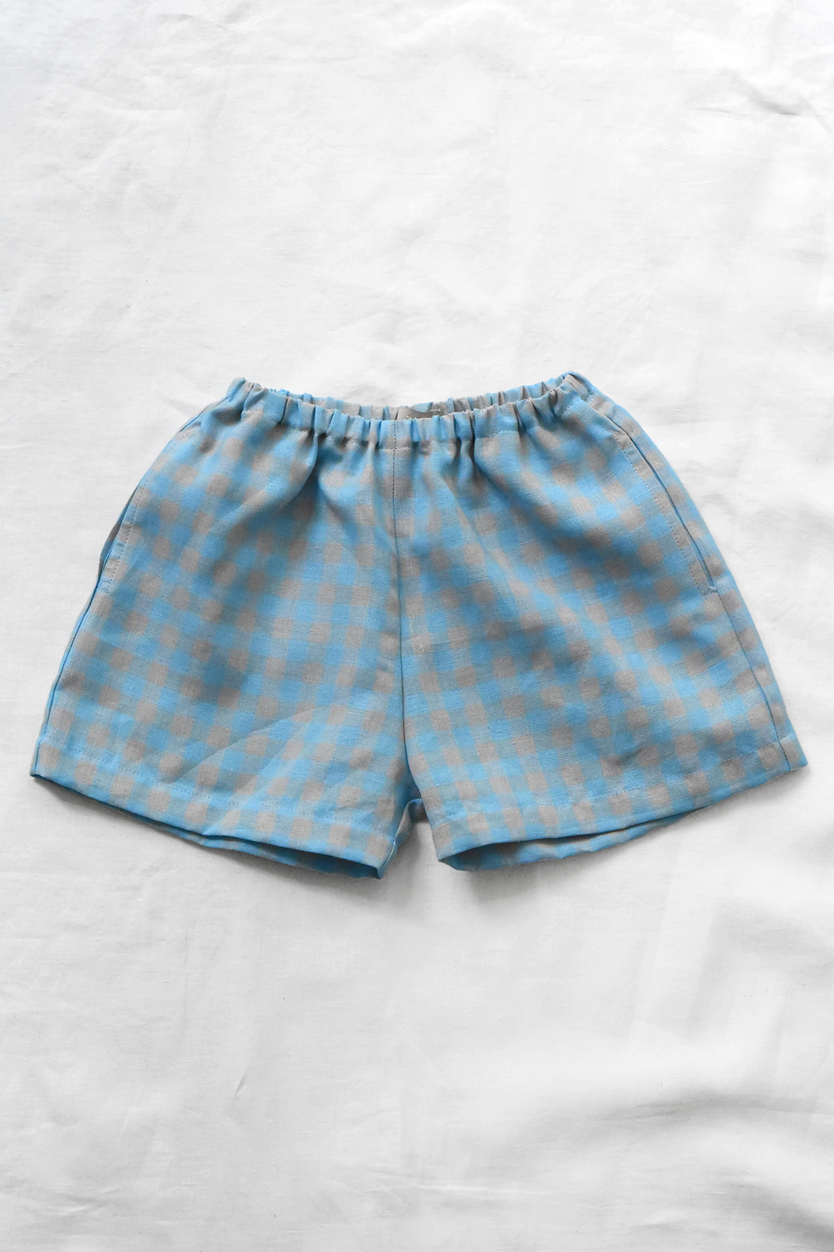 MAKIE blue and lt. gray check linen shorts with elastic waistband