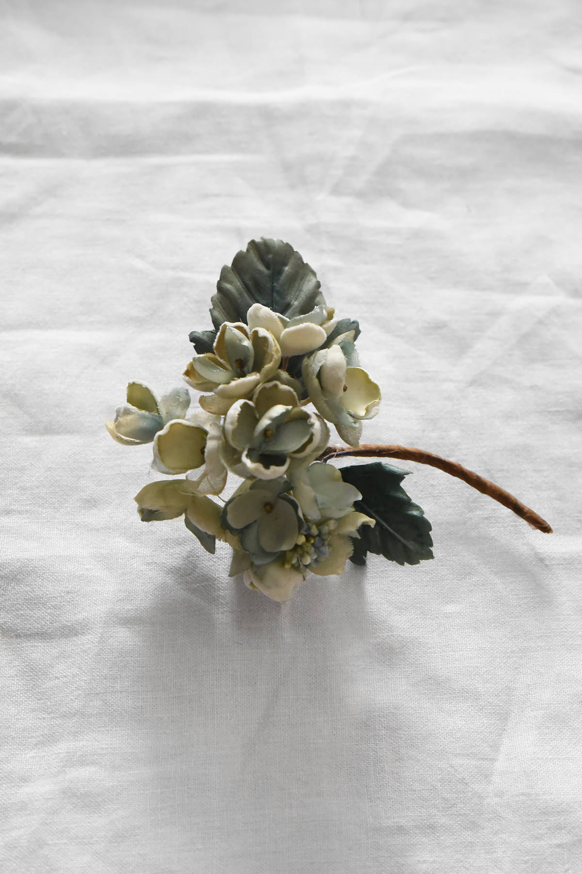 Hand-painted silk hydrangea artwork by Japanese artist Hitoyo featuring pale blue and ivory hydrangea blossoms