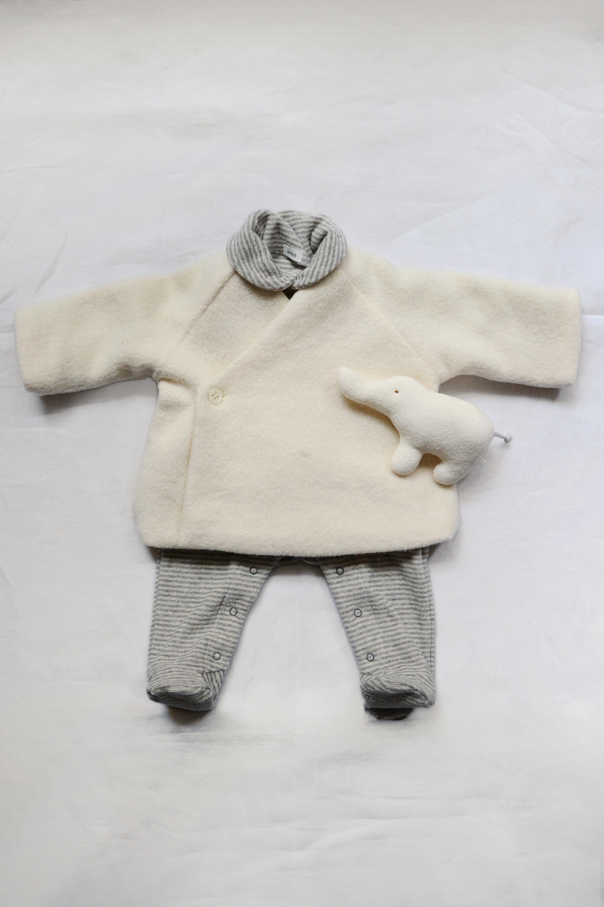 Luxury newborn baby gift set with kimono style jacket, cotton pile coverall and elephant rattle