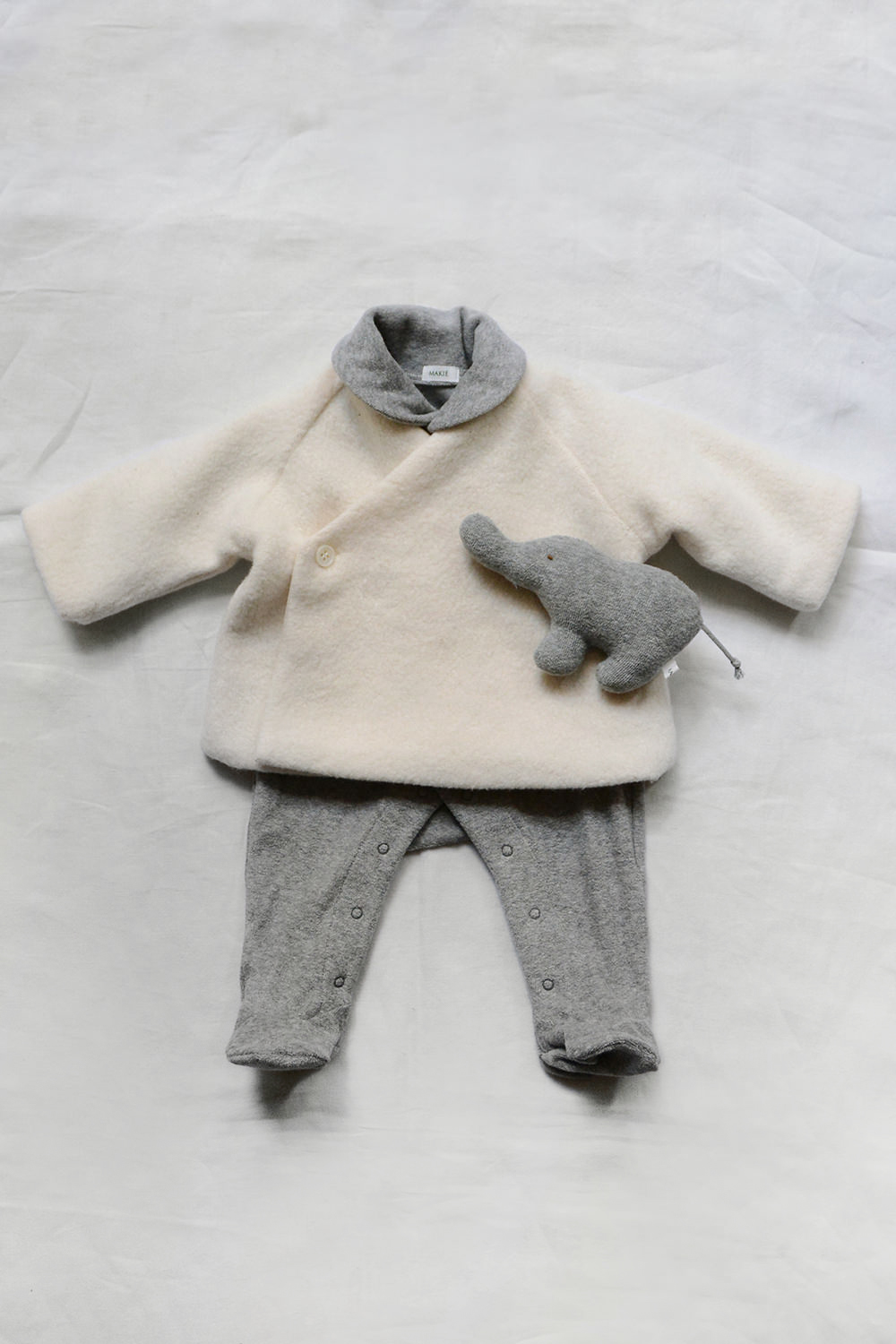 Luxury newborn baby gift set with kimono style jacket, cotton pile coverall and elephant rattle