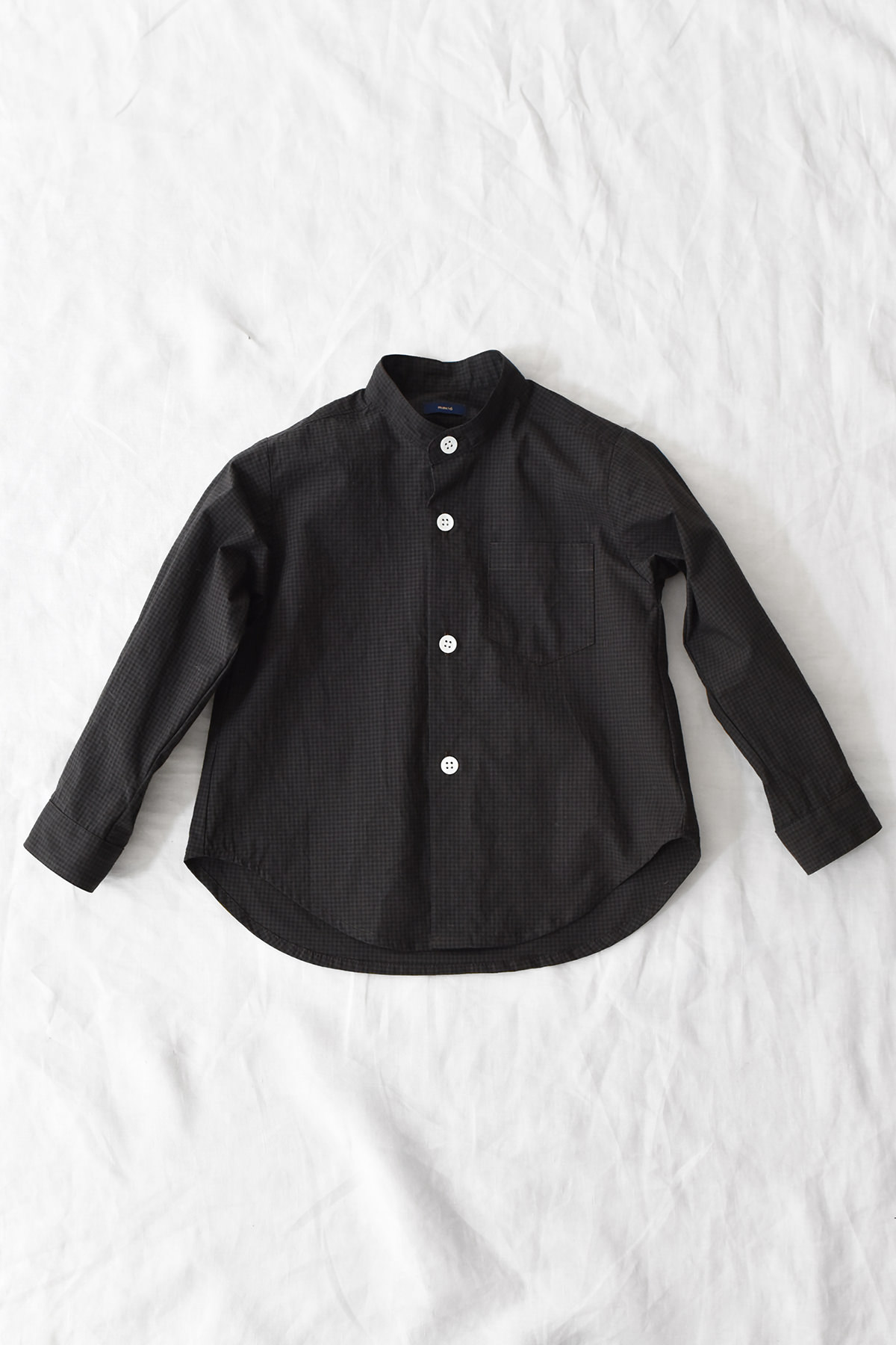 Kid's long sleeve stand collar shirt in charcoal check with box pleat back