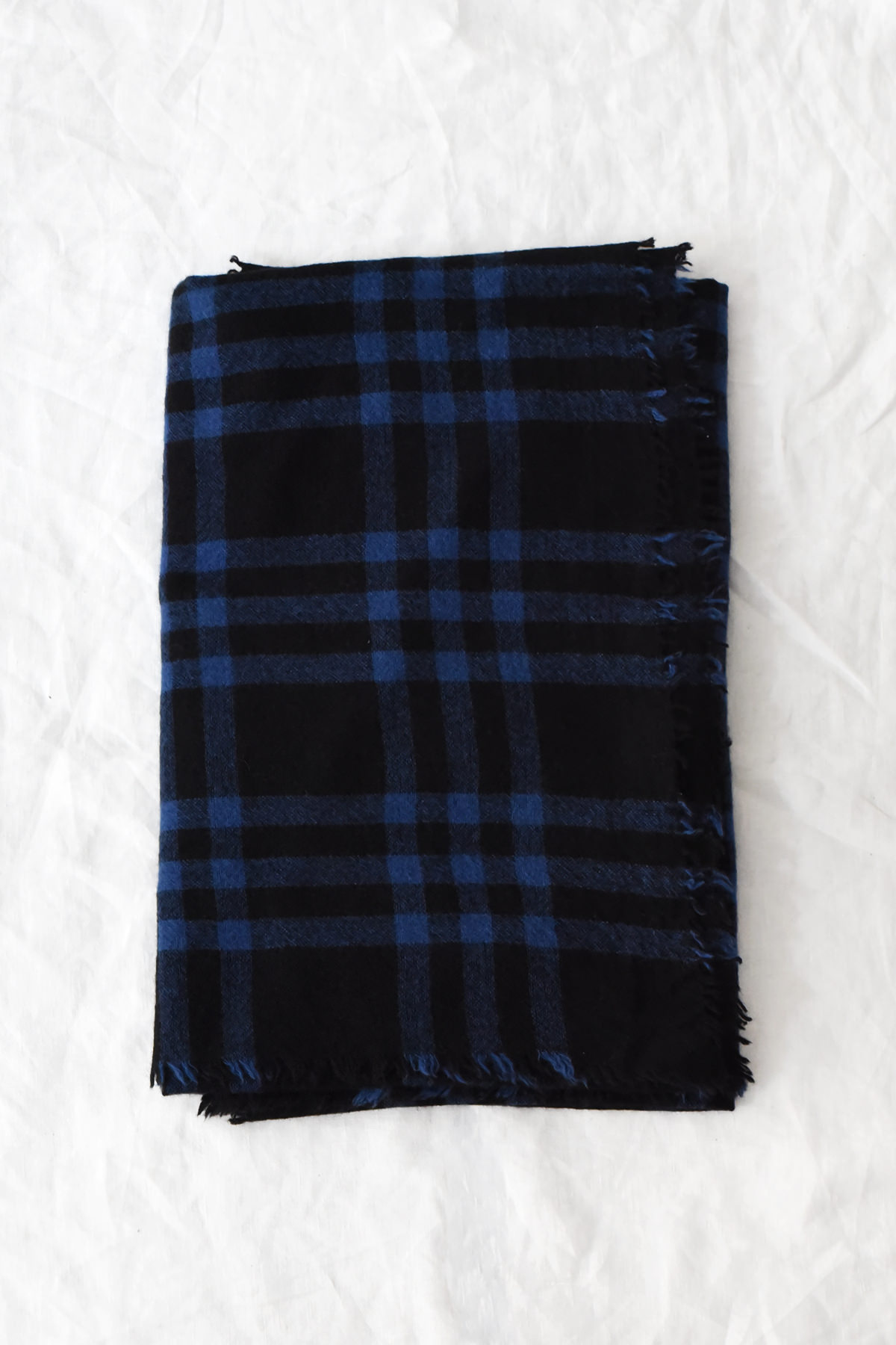 Black and blue plaid cashmere scarf with fringe