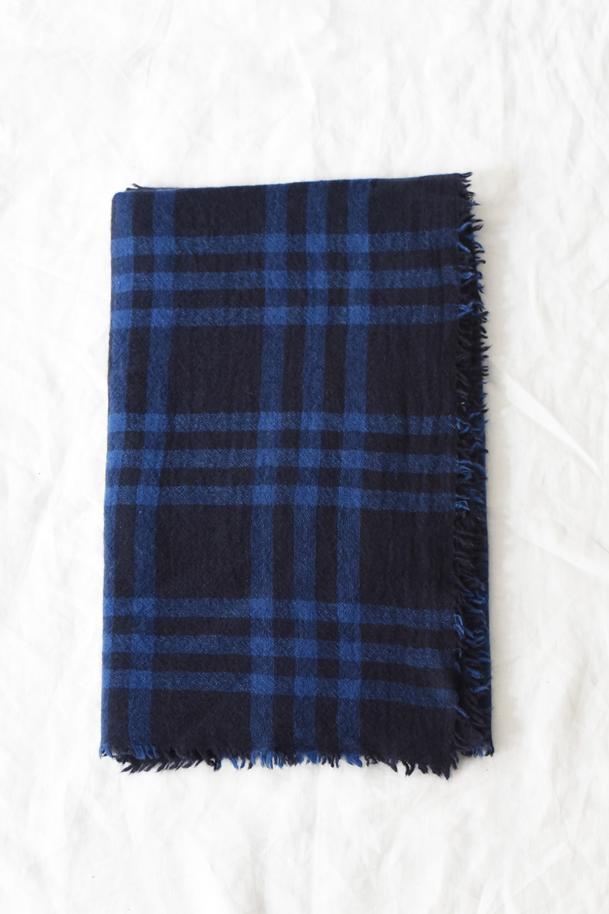 navy and blue plaid cashmere scarf with fringe