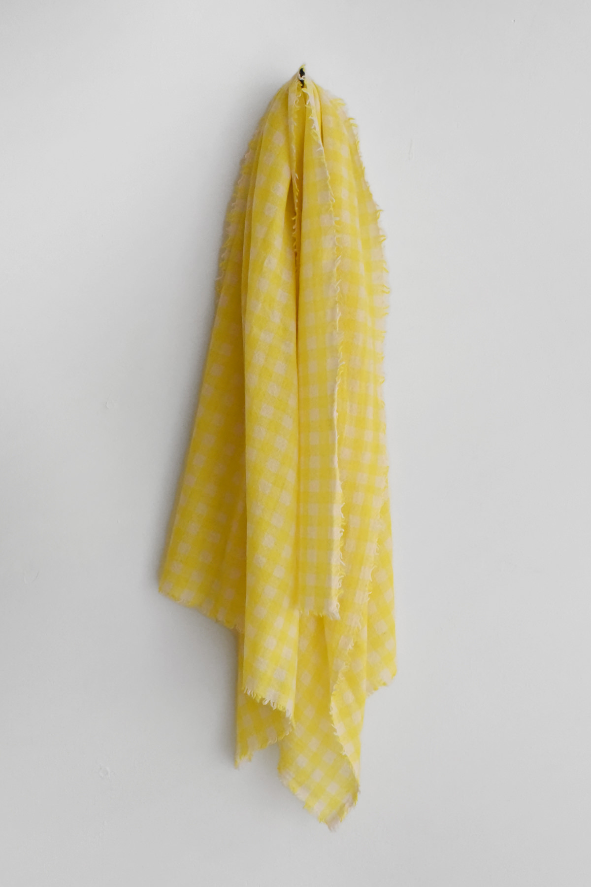 Yellow and white check lightweight cashmere scarf with short fringed edges