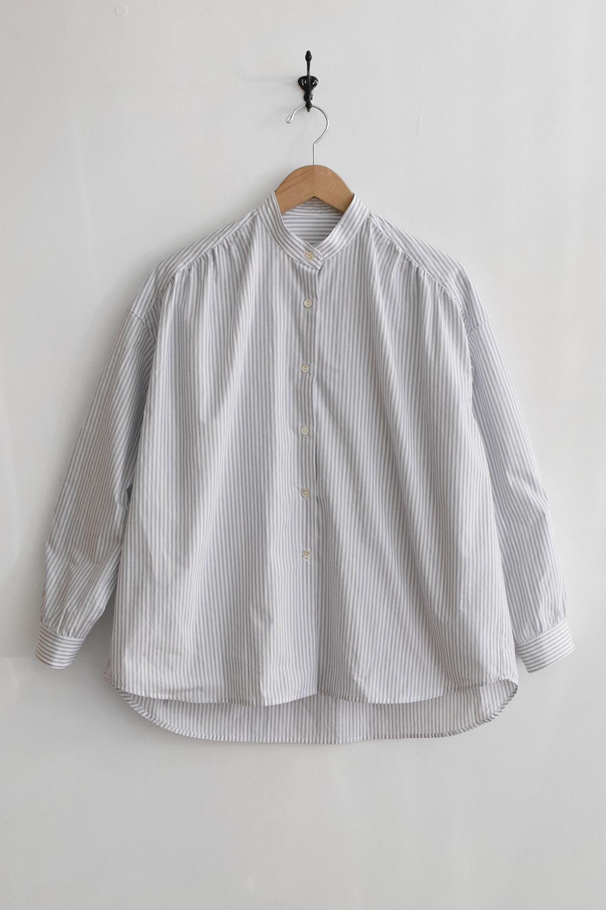 Lightweight textured cotton blouse with stand collar and relaxed fit in blue stripe, made in USA