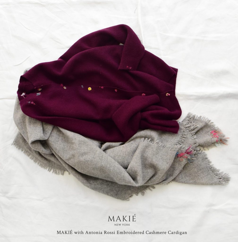 MAKIÉ cashmere cardigan and scarf with hand embroidery by Antonia Rossi