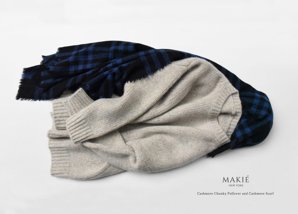 MAKIE chunky cashmere pullover and blue check cashmere scarf for Fall Winter 2026